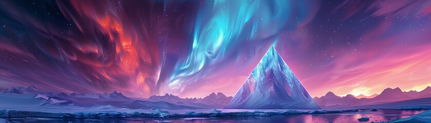 An enchanting digital rendering of a large crystal pyramid rising majestically from a beach under the swirling, colorful Northern Lights