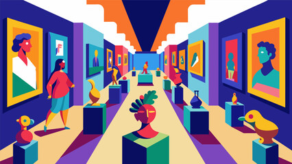 Rows of vibrant paintings and sculptures line the walls of a makeshift art gallery drawing in art enthusiasts.. Vector illustration