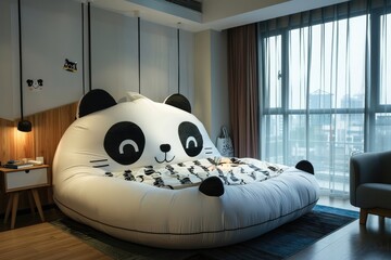 modern child  bedroom interior  with panda shaped beautiful luxury  soft bed  with white walls and...