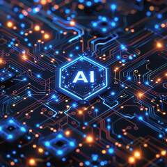 Futuristic AI Technology Concept on Blue Circuit Board