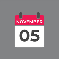 November  5 calendar reminder. 5 November  daily calendar icon template. Calendar 5 November  icon Design template. Vector illustration
