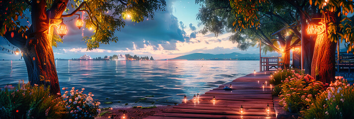 Serene Lake at Sunset, Picturesque Setting with a Wooden Pier and Reflective Water