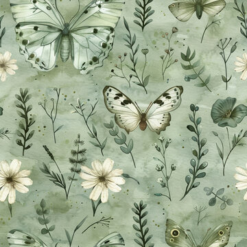 Sage Green Whimsical Butterfly Cottagecore Illustration Watercolor, Seamless Pattern