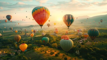 Obraz premium A field of hot air balloons is flying in the sky. The balloons are of different colors and sizes, and they are scattered all over the sky. The scene is peaceful and serene