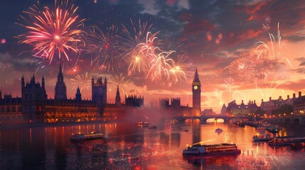A painting of a city with a large clock tower and fireworks in the background. The mood of the...
