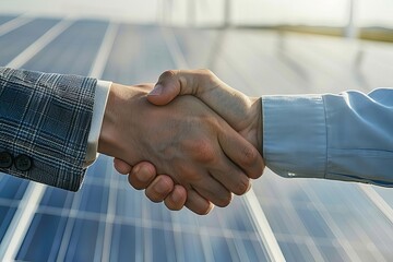Handshake with a wind turbine or solar panel, Emphasizing renewable energy