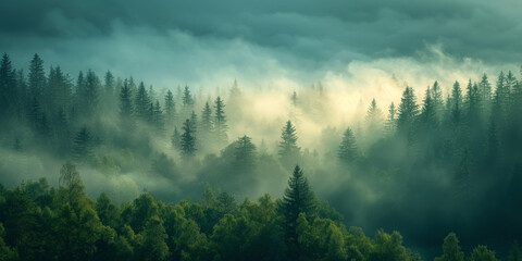 mist in the forest, green misty forest trees with fog, nature background, misty morning in the forest, 