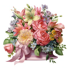 A classic clip art of a beautiful Flower Hat boxe, freshy colourful, overflowing with assorted blooms and greenery, beautiful wedding style, single objects, isolated on white background.