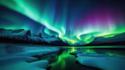 Northern Lights over a mountainous landscape, showcasing vivid green and blue hues in the night sky, reflecting over icy waters