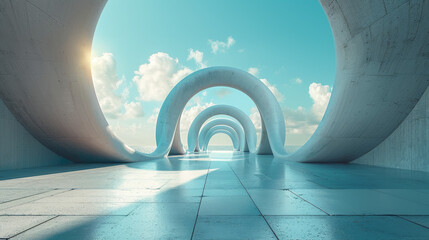 A large, white, curved tunnel with a blue sky above it - obrazy, fototapety, plakaty