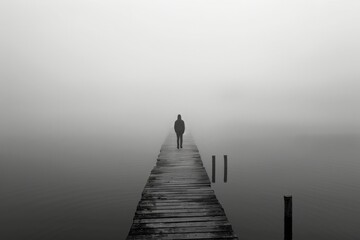 Obraz premium A person is walking across a bridge over a body of water