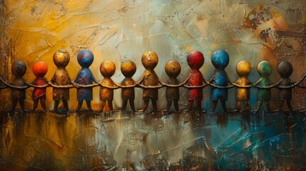 A painting of a group of children holding hands in a line. The painting is colorful and has a sense of unity and togetherness
