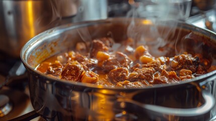 A savory triple-layer pork belly stew simmering in a pot, filling the kitchen with the aroma of rich spices and tender meat.