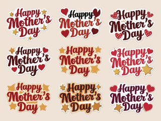Happy mothers day typography stickers with diverse fonts hearts star vector design