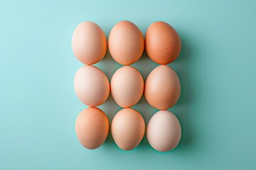 eggs isolated, Nine brown and white eggs arranged in a grid on a soft teal background. Flat lay composition. Healthy eating and baking concept for design and print