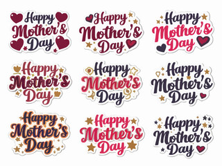 Happy mothers day typography stickers with diverse fonts hearts star vector design