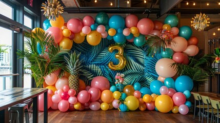 A colorful room with a wall of balloons and a number 3. The balloons are in various colors and sizes, and there are also some potted plants in the room. Scene is festive and celebratory