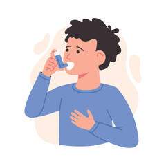 Boy child using asthma inhaler against allergic attack. Breathing treatment. Little Boy uses an asthma inhaler against attack. World asthma day. Allergy,Bronchial asthma kids.Vector illustration