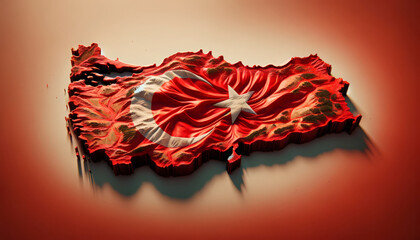 Dynamic 3D relief map of Turkey shaped by the Turkish flag, symbolizing national pride and unity. Ideal for cultural presentations and educational content. Copy space available for additional text.