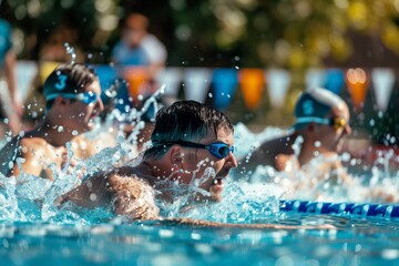 A focused male swimmer in the midst of a competitive race, wearing blue goggles and a cap, powers through the water with intense effort. 