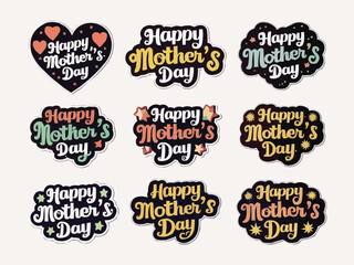 Happy mothers day typography stickers with diverse fonts hearts star vector design