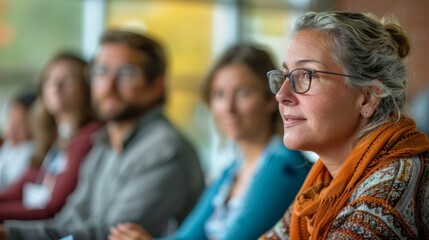 Obraz premium A group of people are sitting in a room, one woman is wearing glasses and an orange scarf
