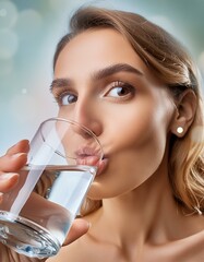 Junge Frau trinkt Wasser aus eine Glas.