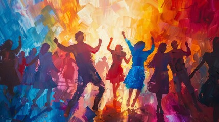 A painting of a group of people dancing in a colorful room. The painting is full of energy and excitement, with people of all ages and genders dancing together. The colors of the painting are vibrant