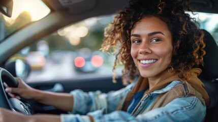 A happy smiling young woman drives a stylish car on vacation, emphasizing her relaxed posture and casual outfit.
