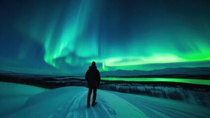 Northern Lights (Aurora Borealis) casting an ethereal glow over a snowy landscape, with a lone figure observing this natural wonder
