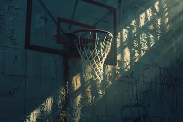 Basketball with light coming through the hoops, in the style of punk rock aesthetic, dark and intricate, nocturne, Generative Ai 