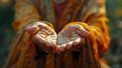 A sacred moment unfolds as human hands reach out in prayer, their open palms a gesture of surrender...