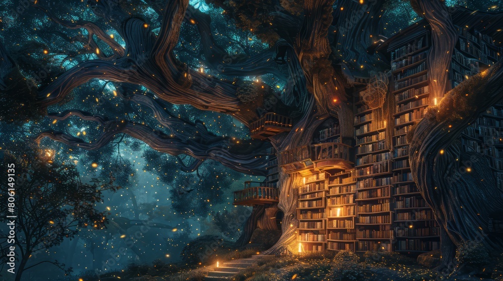 Poster a tree with a house on top of it and a lot of books