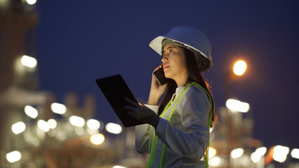 A female engineer, equipped with a hard hat and reflective vest, multitasks with a tablet and smartphone during night operations at an industrial facility.
