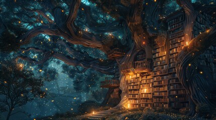 A tree with a house on top of it and a lot of books