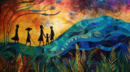 A painting of a family walking on a hill. The painting is colorful and has a peaceful mood