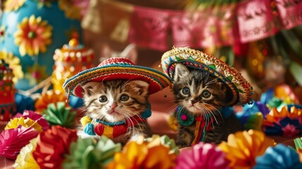 Two kittens wearing sombreros and colorful clothing. The scene is festive and playful. The kittens are surrounded by colorful paper flowers, adding to the cheerful atmosphere