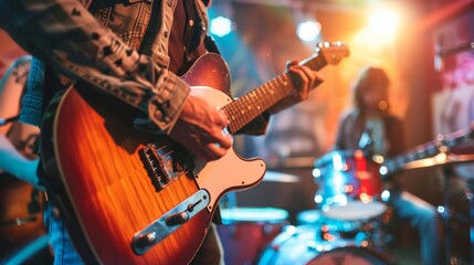 Obraz premium A man is playing a guitar in front of a drum set. The scene is lively and energetic, with the man's fingers moving quickly over the strings. The other musicians are also playing their instruments