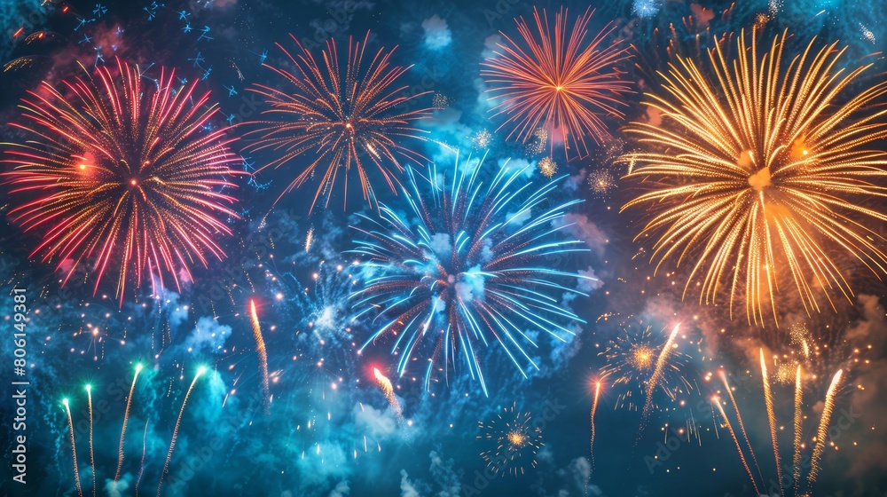 Poster a fireworks display with a blue sky background. the fireworks are in different colors and are lit up