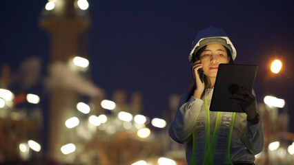 A female engineer, equipped with a hard hat and reflective vest, multitasks with a tablet and smartphone during night operations at an industrial facility.
