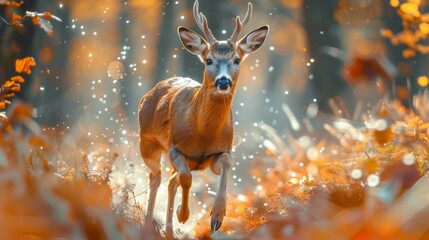 An roe deer charging through a colorful forest. Generative AI.