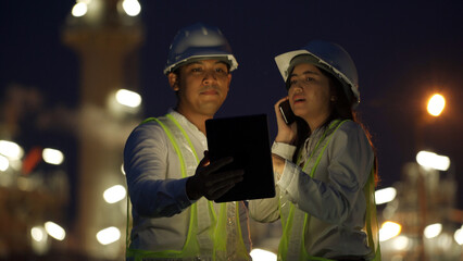 Two construction engineers in hard hats and reflective vests using digital devices for night-time...