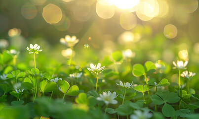 Clover field in the morning for St. Patrick's Day, isolated on blurred background.