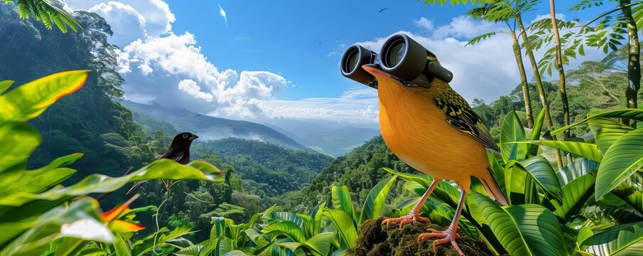 A bird watching expedition where enthusiasts use enhanced visual reality EVR binoculars to see and identify species in extraordinary detail