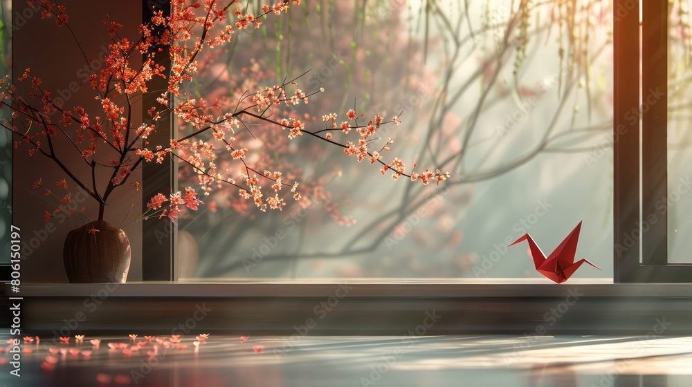 Poster A vase with a red flower in it sits on a table next to a window. A red origami bird is sitting on the window sill. The scene is peaceful and serene, with the bird