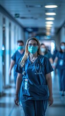 Bustling Hospital Hallway, Medical Staff, Face Masks and Scrubs