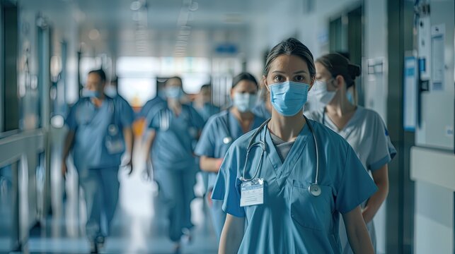Bustling Hospital Hallway, Medical Staff, Face Masks and Scrubs - Powered by Adobe