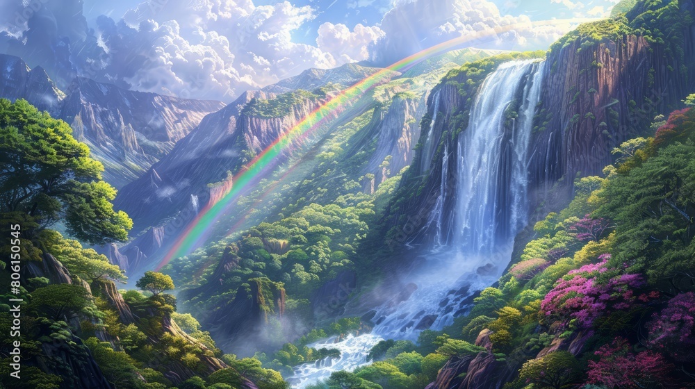 Poster a lush green forest with a waterfall and a rainbow. the sky is cloudy and the sun is shining through