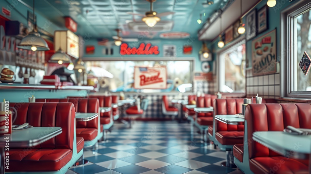 Poster a diner with a red booth and a red sign