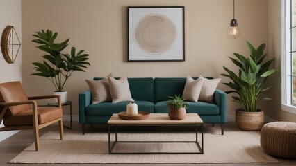 A living room with a green couch, a brown chair, a coffee table, and a potted plant. Cozy small home interior design with warm lighting
